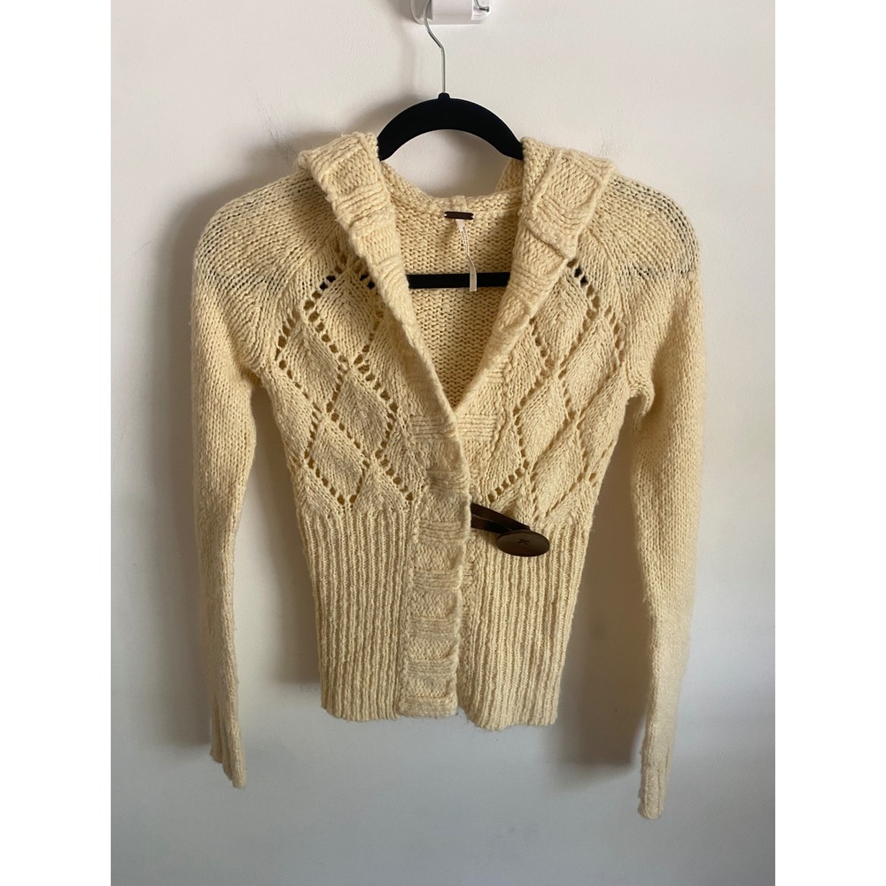 Free People Cream Knit Hooded Cardigan Sweater